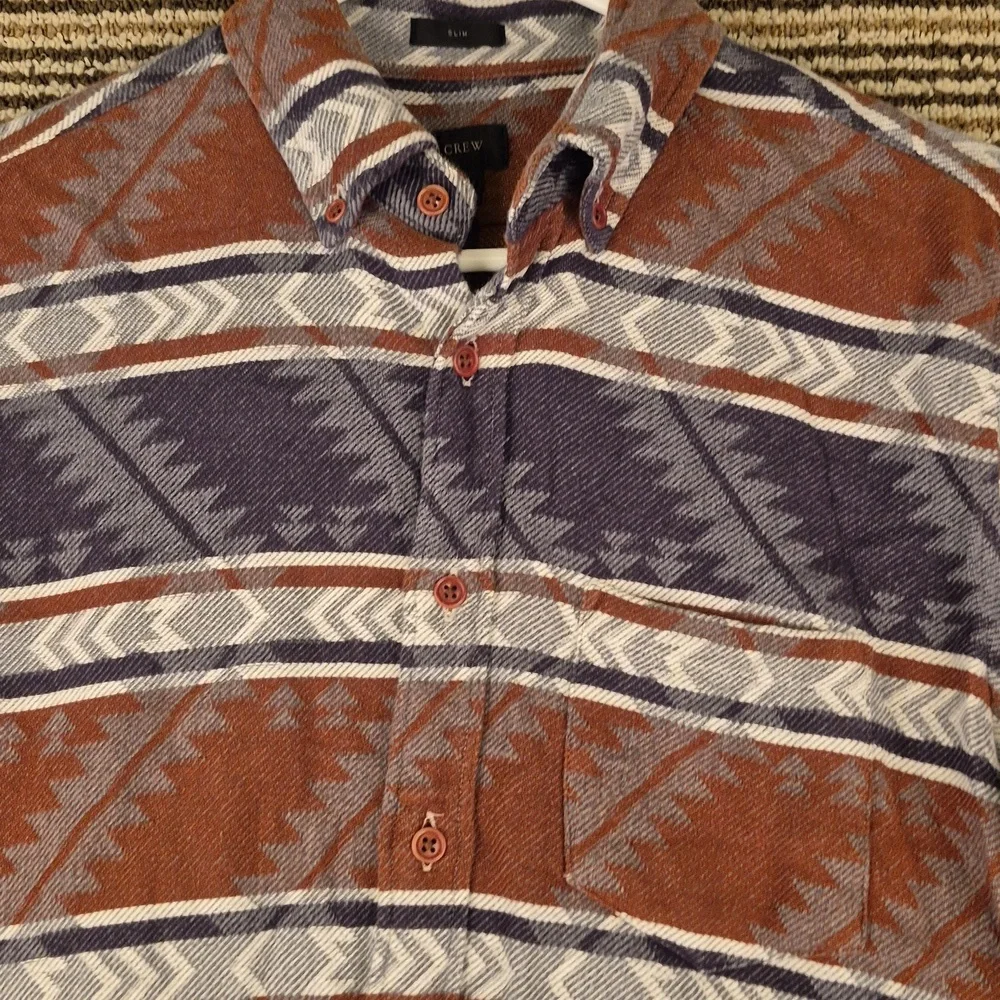 J CREW Grey‎ Brown Aztec Weave Cotton Flannel Small Slim Fit Long Sleeve Shirt